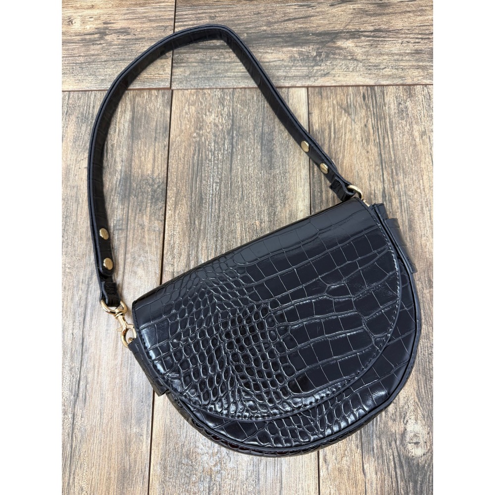 MNG Mango Black Crocodile Embossed Half Moon Shoulder Bag Gold Hardware